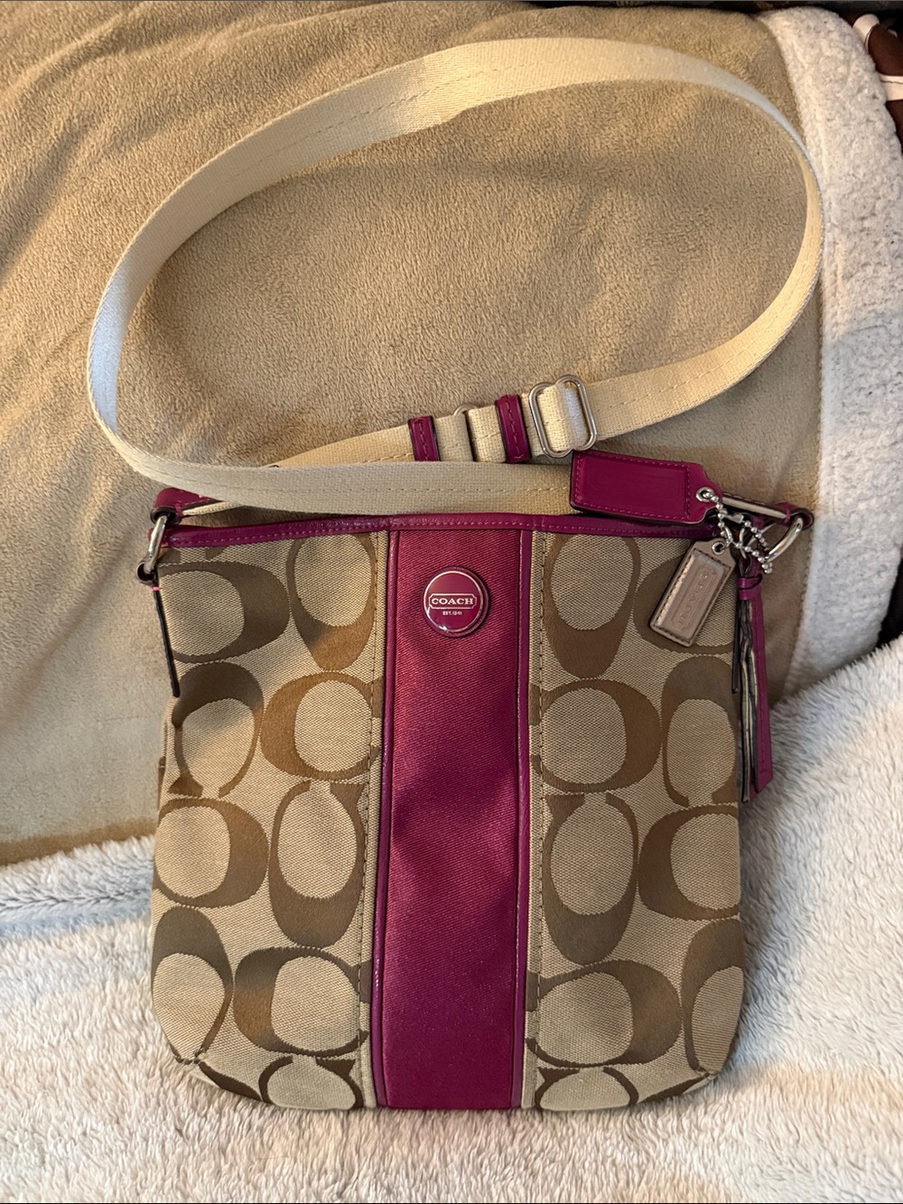 Authentic Coach Khaki/brown/fuchsia crossbody with cram shoulder strap